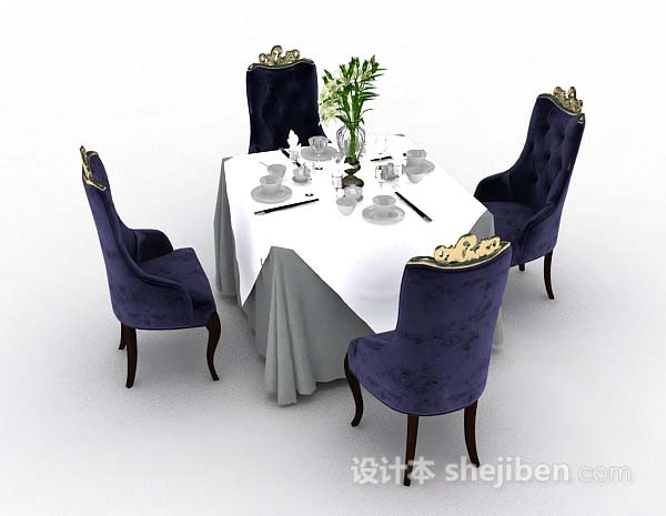 免费欧式蓝色复古餐桌椅3d模型下载