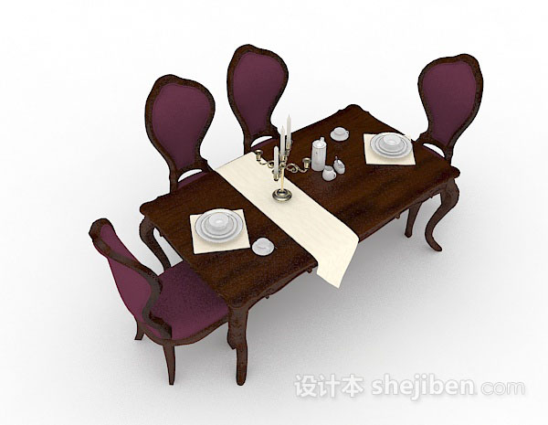 紫色木质餐桌椅3d模型下载