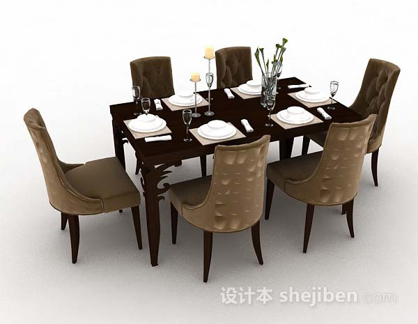 免费欧式棕色木质餐桌椅3d模型下载