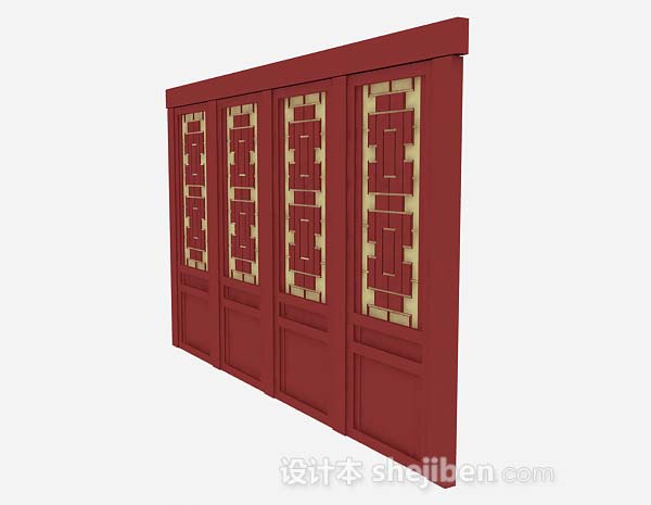 设计本中式红色木质门3d模型下载