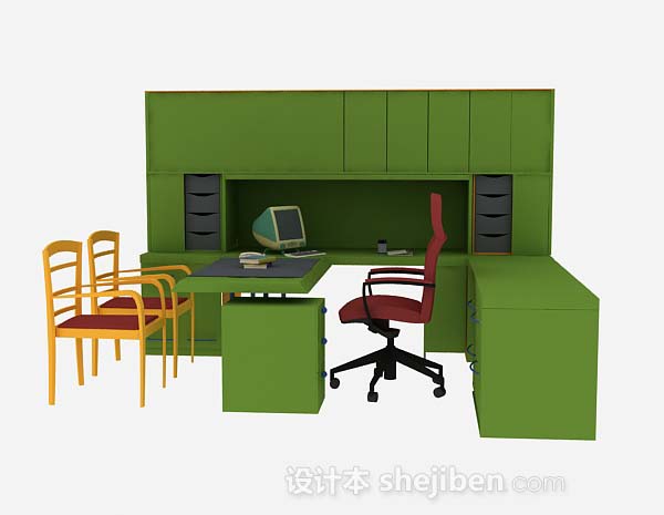免费绿色办公桌椅组合3d模型下载