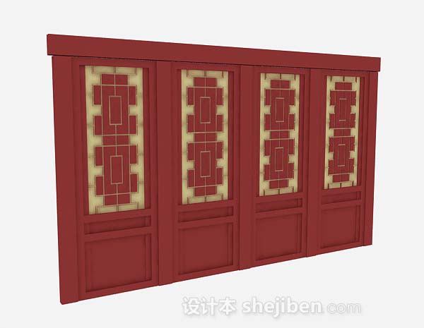 中式风格中式红色木质门3d模型下载