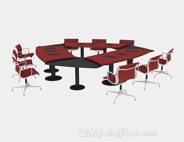 免费红色会议桌椅组合3d模型下载