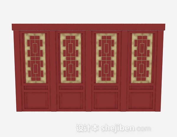 中式红色木质门3d模型下载