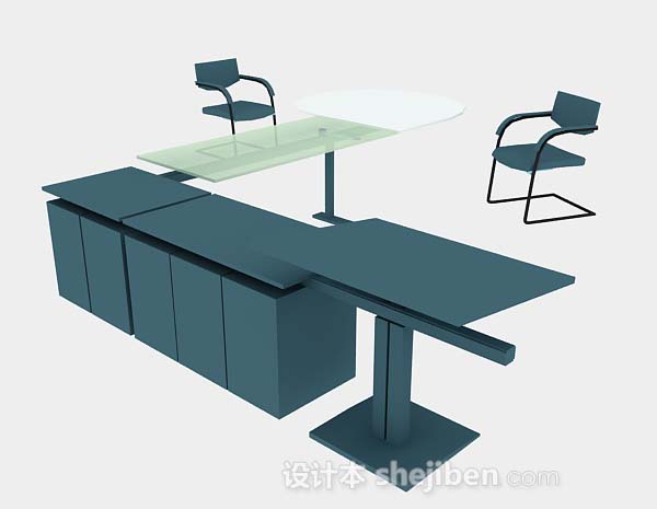 蓝色办公桌椅3d模型下载