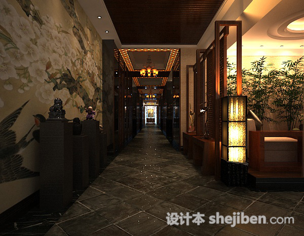 中式餐厅走廊3d模型下载