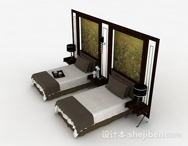 设计本中式单人床组合3d模型下载
