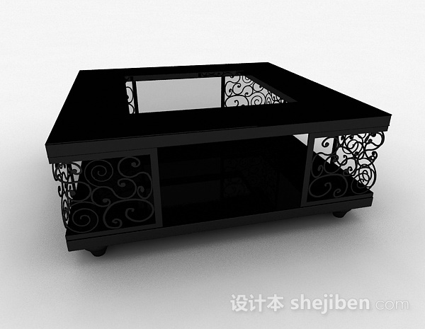 设计本方形黑色木质雕花茶几3d模型下载