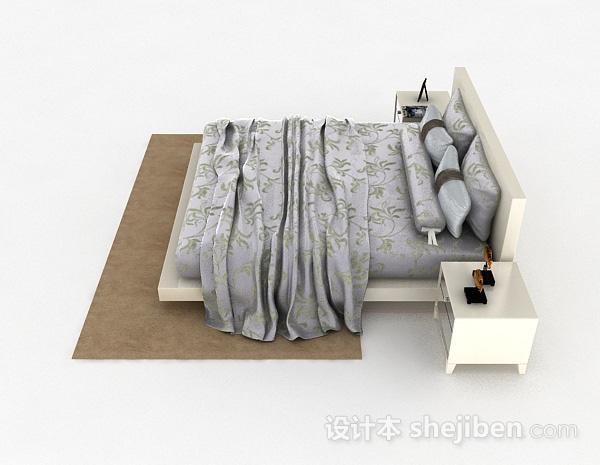设计本灰色花纹双人床3d模型下载