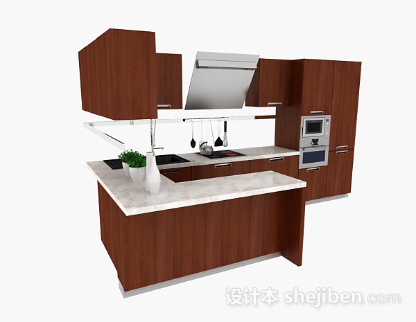 设计本现代风格U字形棕色时尚整体橱柜3d模型下载