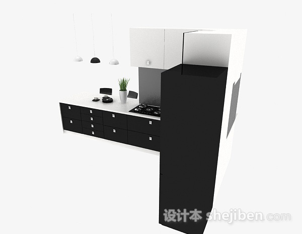 免费黑色L型厨房兼餐厅时尚整体橱柜3d模型下载