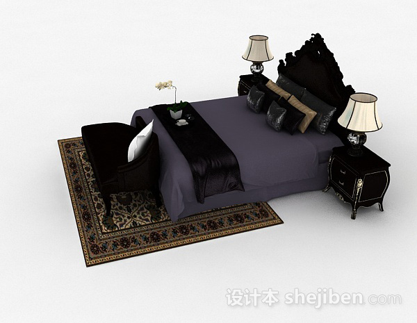 免费欧式古典双人床3d模型下载