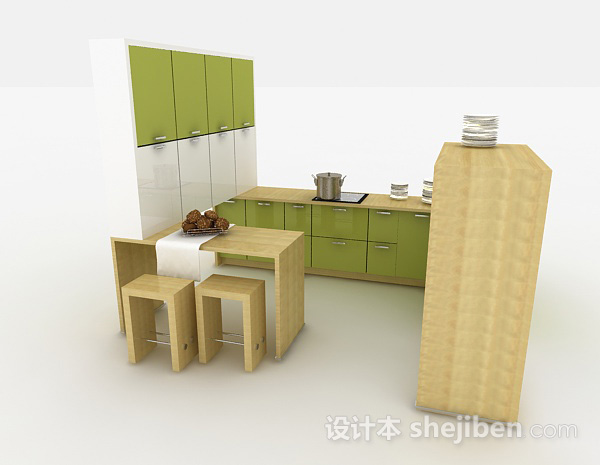 现代风格现代小清新浅绿色整体橱柜3d模型下载
