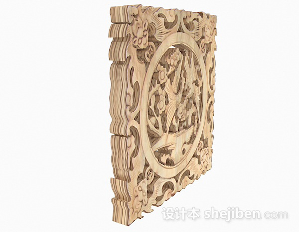 设计本中式原木色镂空艺术雕花窗户3d模型下载