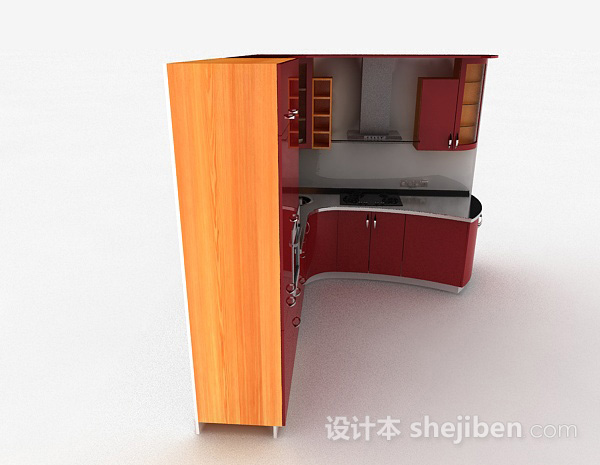 设计本现代风格酒红色烤漆门整体橱柜3d模型下载