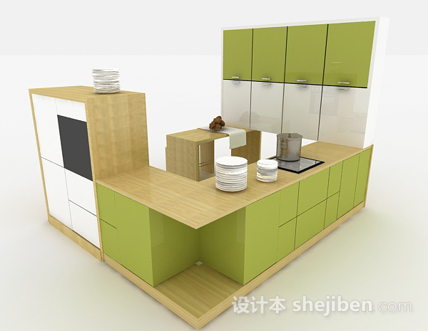 现代小清新浅绿色整体橱柜3d模型下载