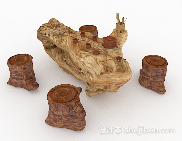 中式风格中式木质茶几组合3d模型下载