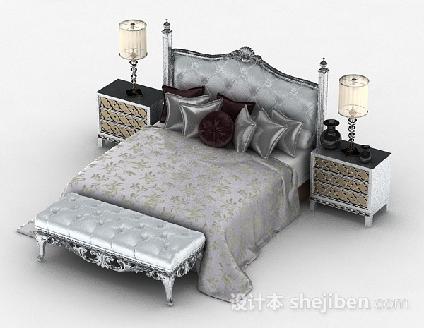 免费欧式灰色双人床3d模型下载