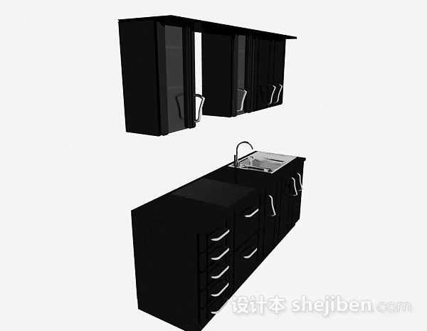 免费现代风格黑色一字型上下式整体橱柜3d模型下载