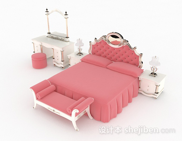 免费欧式粉色双人床3d模型下载