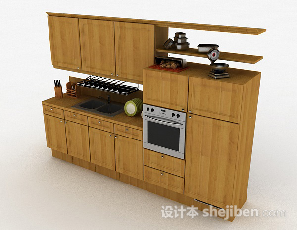 现代风格一字型木质整体橱柜3d模型下载