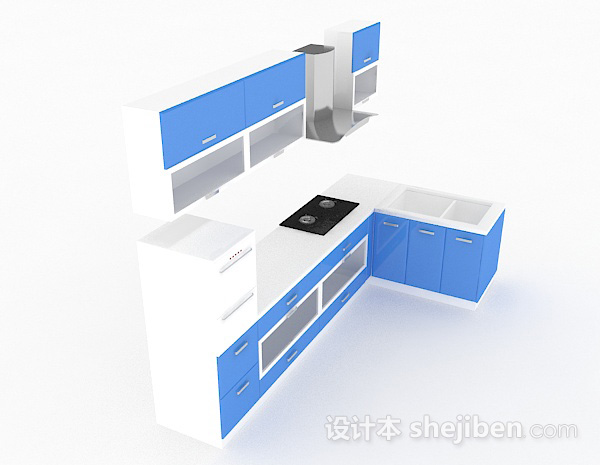 设计本蓝色上下式L型整体橱柜3d模型下载