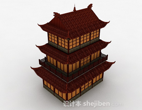 免费中式三层古代阁楼建筑效果图3d模型下载