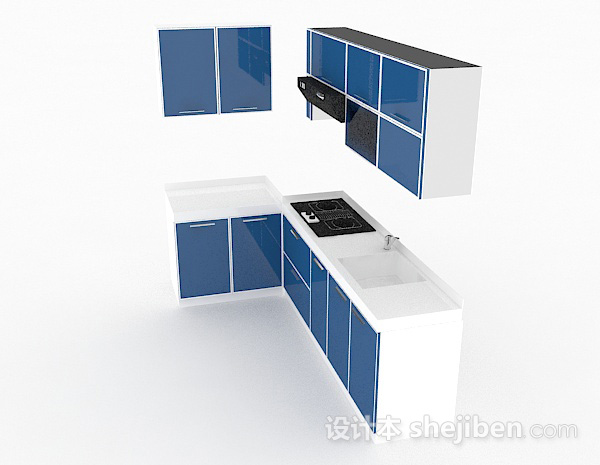 设计本深蓝色L型整体橱柜3d模型下载