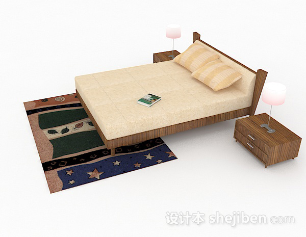 设计本黄色木质双人床3d模型下载