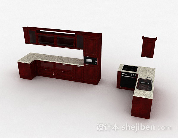 现代风格U字形棕红色整体橱柜3d模型下载