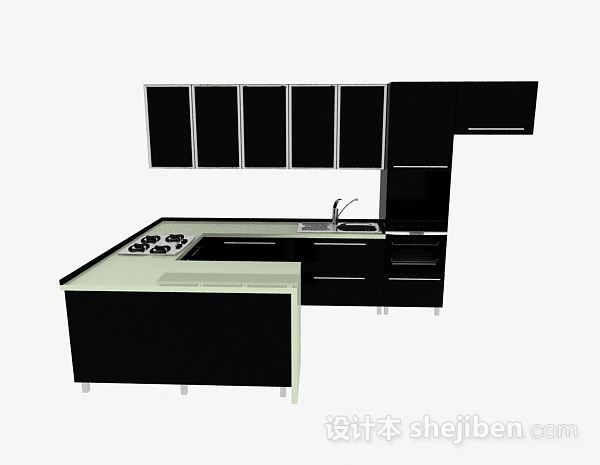 设计本现代风格U字形黑色整体橱柜3d模型下载