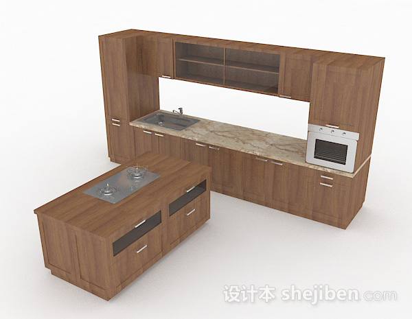 原木风格木质整体橱柜3d模型下载