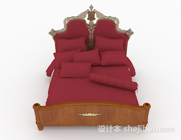 欧式风格欧式红色双人床3d模型下载