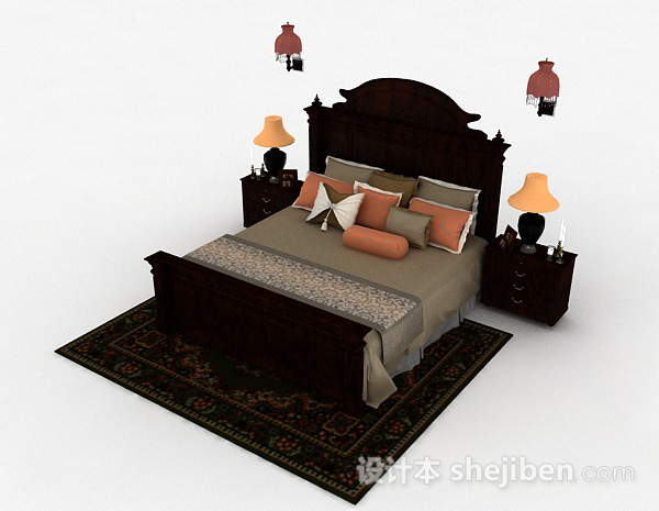 免费美式古典双人床3d模型下载