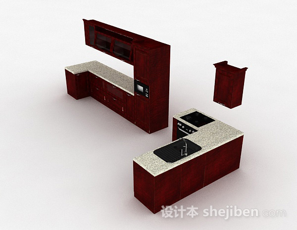 免费U字形棕红色整体橱柜3d模型下载
