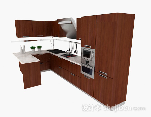 现代风格现代风格U字形棕色时尚整体橱柜3d模型下载