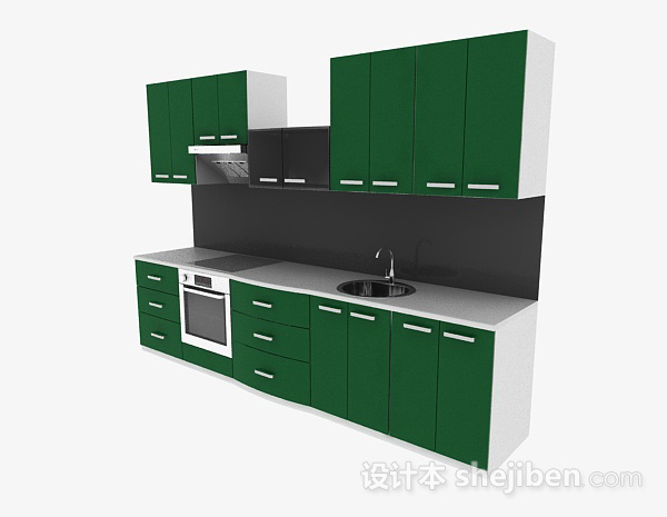 最新现代风格绿色一字型上下层橱柜3d模型下载