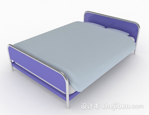 免费蓝紫色双人床3d模型下载