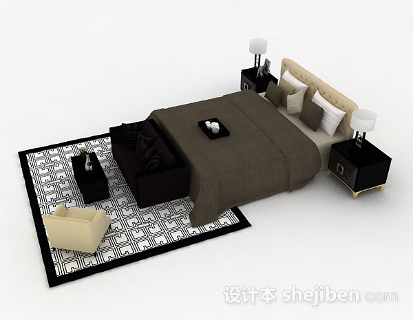 设计本棕色木质双人床3d模型下载
