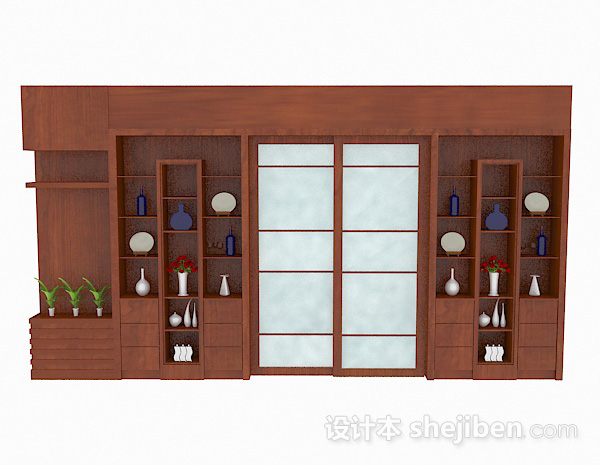 棕色木质家居墙柜3d模型下载