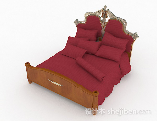 免费欧式红色双人床3d模型下载