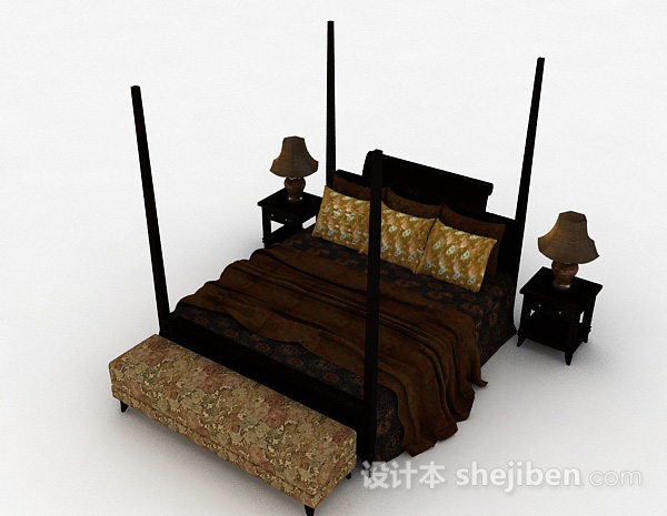 免费深棕色双人床3d模型下载