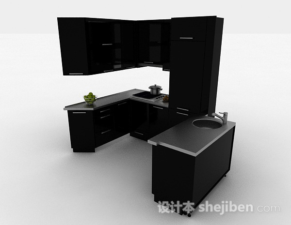 现代风格黑色时尚U字形整体橱柜3d模型下载