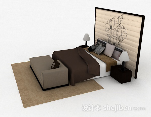 设计本棕色家居双人床3d模型下载