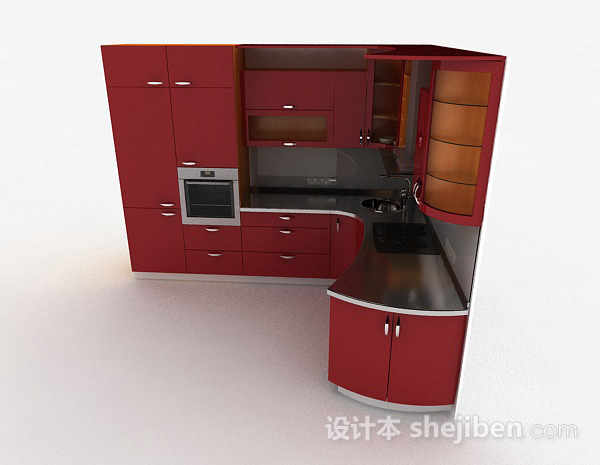 现代风格现代风格酒红色烤漆门整体橱柜3d模型下载