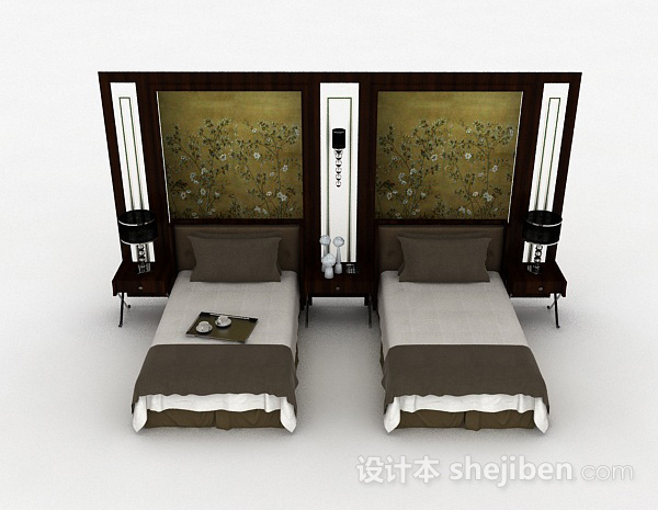 中式风格中式单人床组合3d模型下载