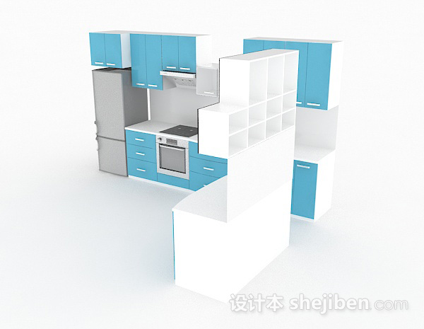 免费天蓝色上下层整体橱柜3d模型下载