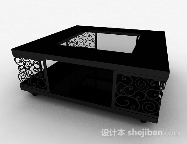 免费方形黑色木质雕花茶几3d模型下载