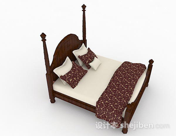 设计本棕色实木双人床3d模型下载
