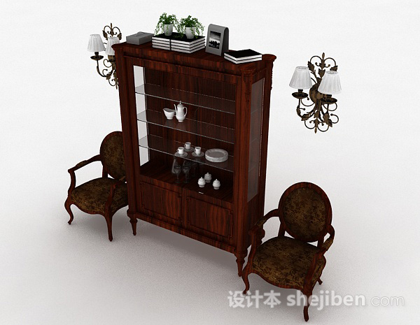 免费欧式古典木质展示柜3d模型下载